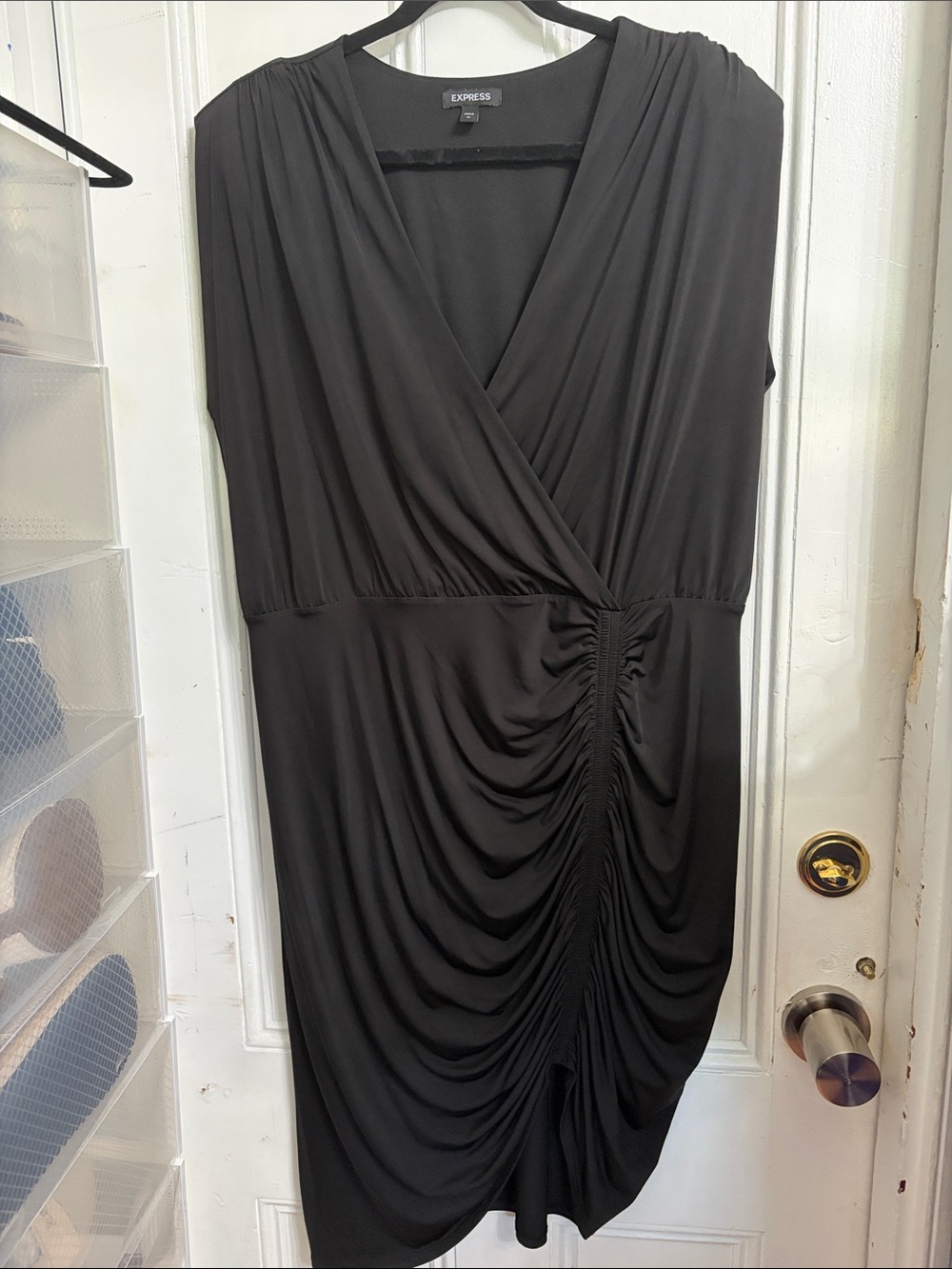 Express Black Ruched Surplice Sleeveless Midi Dress